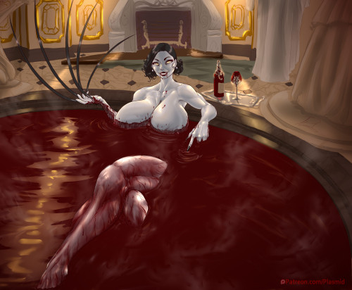happy spooky day! heres a special spooky drawing of lady dimitrescu bathing in blood for halloween :