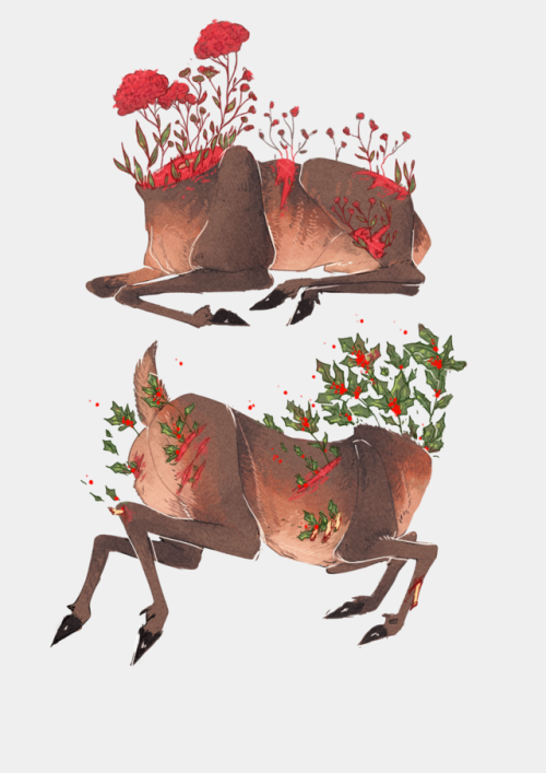 maybelsart: More design work for uni.  The fawns, animals that have died kinda. Part plant now.  The