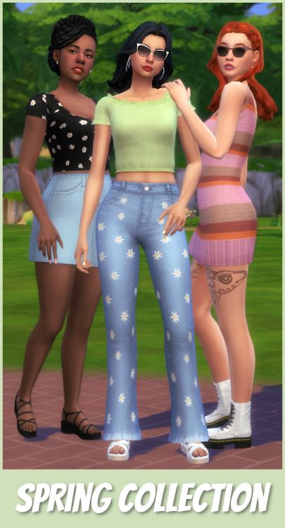 demondare-sims:Spring Collection DOWNLOAD: patreon (free) includes two shirts, a dress, jeans and a 