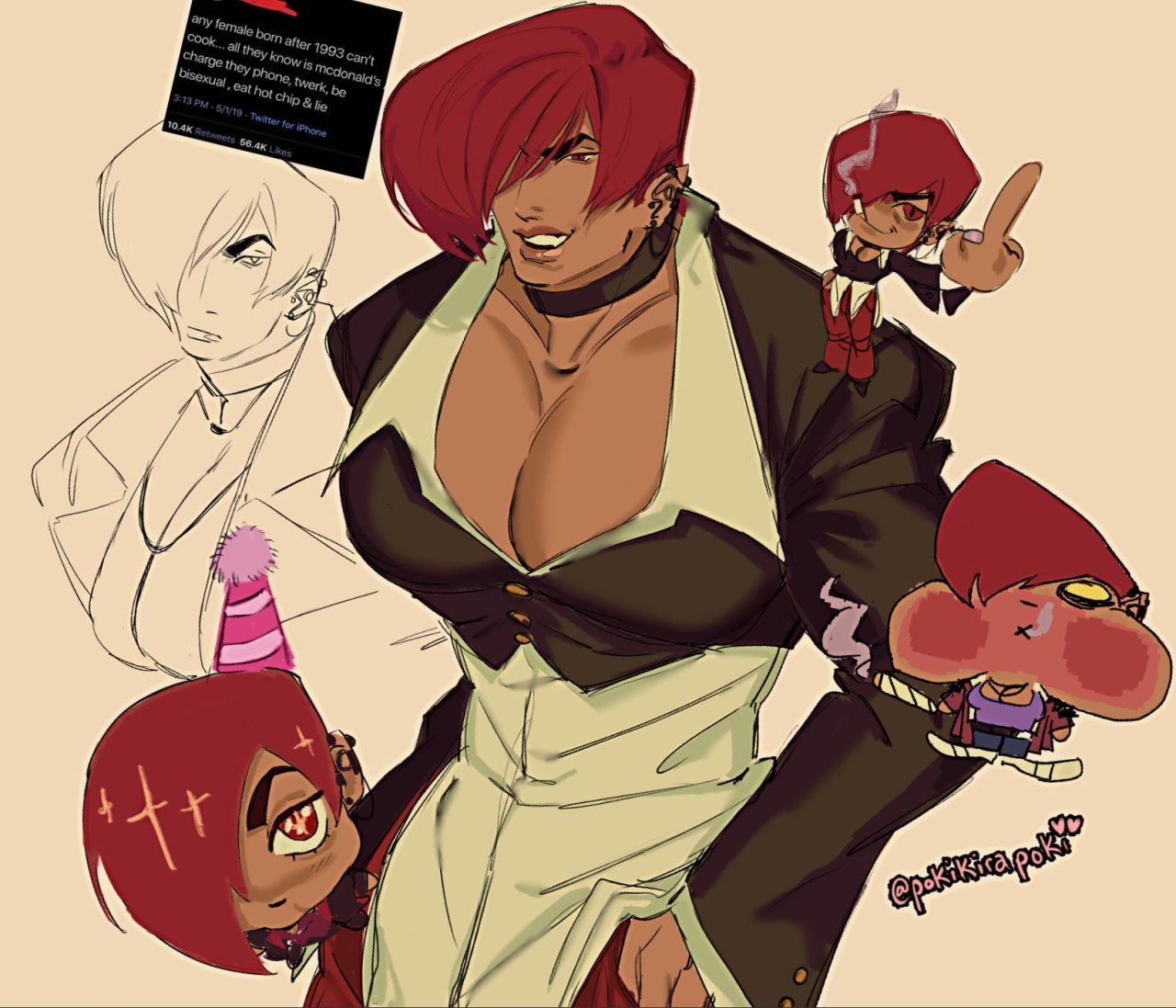 ID. A sketch page of Iori Yagami from KOF. In the center is a rendered drawing of Iori in his original outfit. She is slightly hunched over with her hands in his pockets and has a smirk on his face while looking towards the viewer. On her left (viewer’s right) shoulder is a smaller version of her smoking. He has his right (viewer’s left) hand in her pocket while his left (viewer’s right) hand is enlarged to showcase her middle finger. Below it, there is a poorly drawn Orochi Iori (KOF XIV) as the “holding it in doesn’t do anything” meme. Her eyes are a solid yellow color as her cheeks are big, red, and puffed out in an attempt to hold in the smoke and in his right (viewer’s left) is a smoking blunt. Across from Orochi Iori is a chibi of Iori in his KOF XV outfit. A striped pink party hat with a puff ball is on her head. He is looking up towards the viewer with sparkles in her eye, making his body small. Above that is a sketch of KOF XIII Iori. END ID.