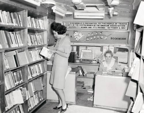 Bookmobile at the Montopolis stop, Austin Public Library, year unknown.