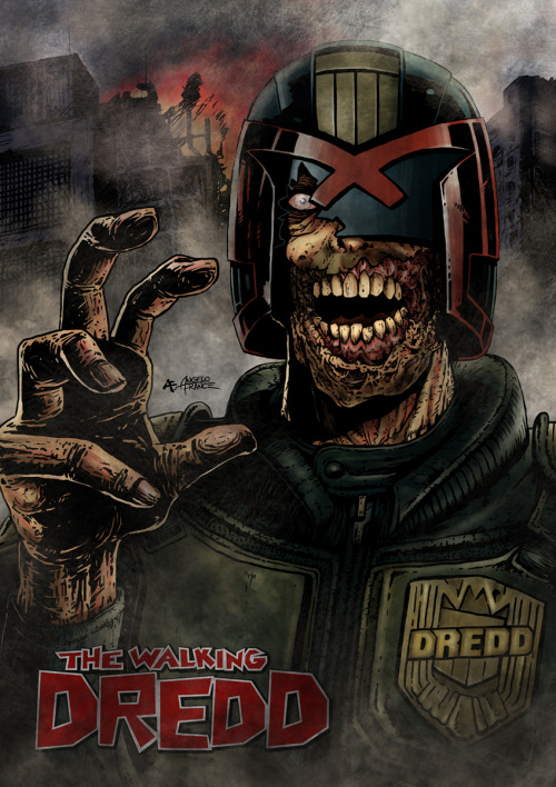 2000adonline:  Deadly mash-up: The Walking Dredd by Brazilian artist *AngeloFrance Strangely enough not the first time there’s been a zombie Judge Dredd(see City Of The Damned,Progs393-406,24Nov’84-23Feb’85 & Darkside,Progs1017-28,12Nov’96-4Feb’97).