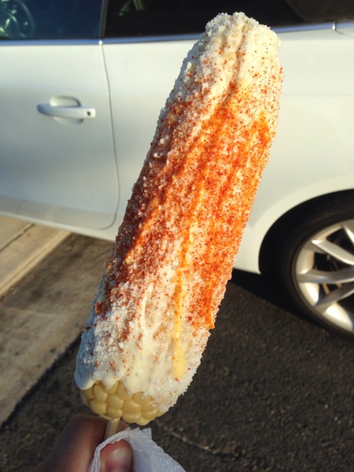 timothydelaghetto:  I was almost home when I saw a couple kids sittin on the street eatin some elote so I turned my car around and drove around the neighborhood til I found the corn man. Mmm yesssss!