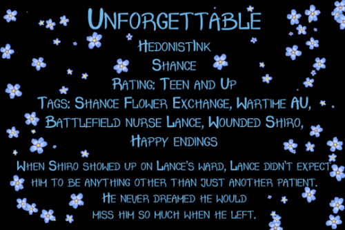 Title: Unforgettable Fandom: Voltron Pairing: Shance Rating: Teen and Up Audiences Additional Tags: 