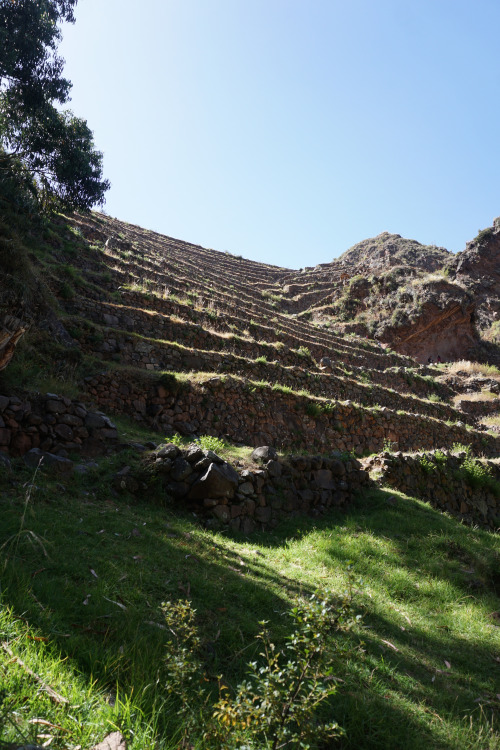 Pisac hike through the archeological site near the town of Pisac in the Sacred Valley, Peru