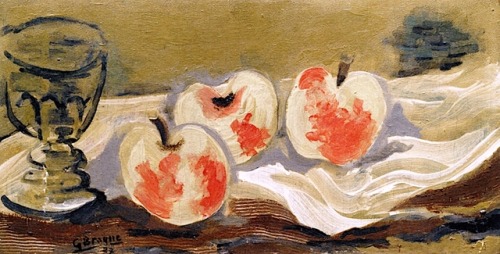 lawrenceleemagnuson:Georges Braque (1882-1963)Glass and Red Apples (1927)oil on panel 19.5 x 38 cm