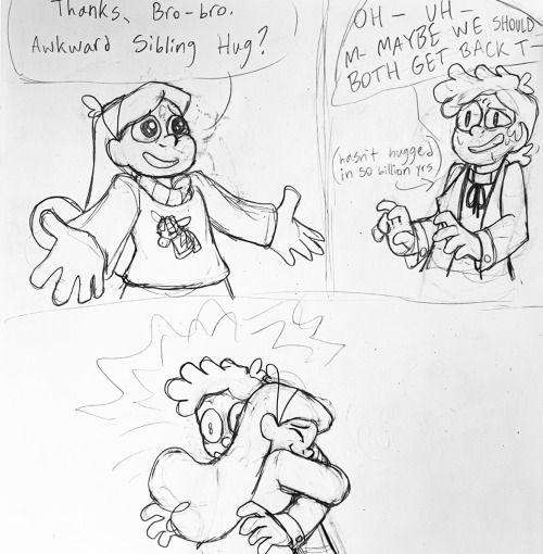 Mabel holds out her arms and says "Thanks, bro-bro. Awkward sibling hug?" Bipper looks nervous, with an arrow pointing to him that says "hasn't hugged in 50 billion years". He says "Oh- uh-- maybe we should both get back to--" Mabel then cuts him off by hugging him, much to his shock.