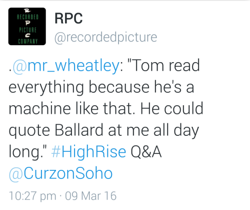 Just a couple of my favourite quotes about Tom Hiddleston from the Curzon High-Rise Q&amp;A with Ben