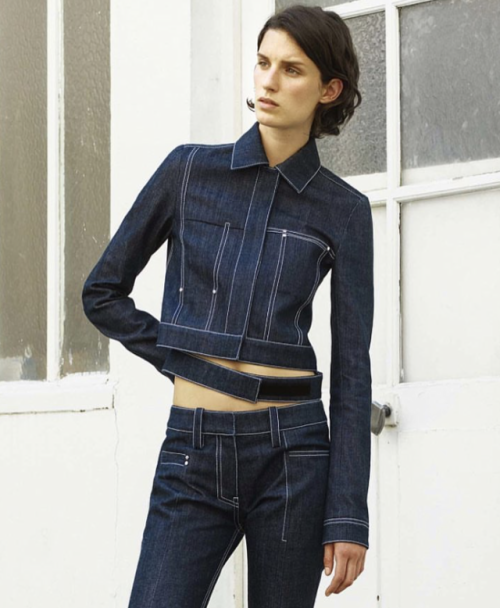 2010s fashion designer paco rabanne model mirte maas CUTOUT denim raw jacket pants