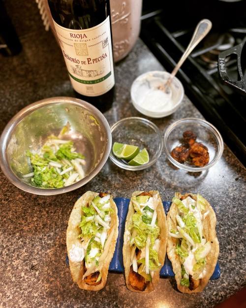 Recipe of my own making: Spicy tacos on  roasted tortillas with  lime crema and pickled slaw https:/