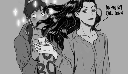 yvonnism:I am still swooning over this canon couple. If Korra were to realize her dawning bisexuality, this is how it would look like in an alternate universe. And Asami being smooth af lol