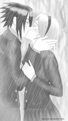 dayaarm:  Sasusaku month: Boarding school   today was raining a lot, so I wanted to draw a kiss under the rain :)