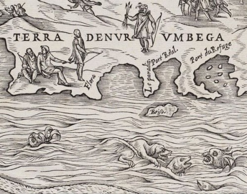 Sea creatures off of the coast of Narragansett, Rhode Island, in a mid-1500s Venetian map of "L