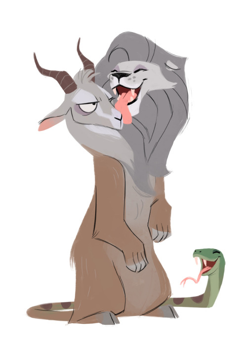 dailycatdrawings: 480: Chimera  Goat is tired of Lion and Snake’s silliness. 