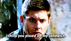 supernaturaldaily:  “My name is Dean Winchester. I’m an Aquarius, I enjoy sunsets, long walks on the beach and frisky women. And I did not kill anyone.” 