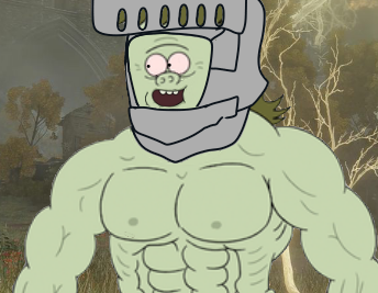 muscle man, a green man with brown hair and light pink eyes, absolutely ripped for real. he has on a helmet and no other armor. the backdrop is from the game elden ring