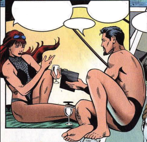 tony-stark-ing:Tony and Natasha sharing a drink and caviar. Iron Man issue #6 (1998)
