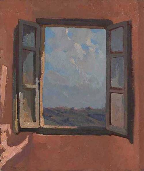 Prencipe Umberto  1879/ 1962 “La finestra dello studio di Sant´Anna” 1931 olio su tavola cm 27 x 22,70 Orvieto - Palazzo