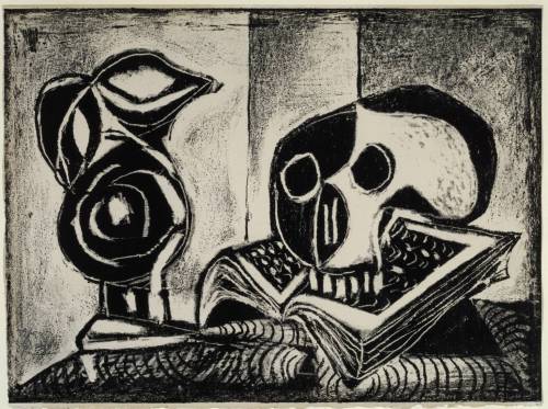 likeafieldmouse:Pablo Picasso - Le Pichet noir et la tête de mort (1946)Reading unto death.