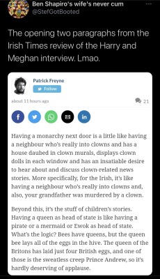 barbeauxbot:trustthechef:lessermores:seymour-butz-stuff:The best writing I’ve ever seen about the monarchy. The rest is here. To note, the Irish Times is the primary, most respected newspaper in the country And it is well-deserved.