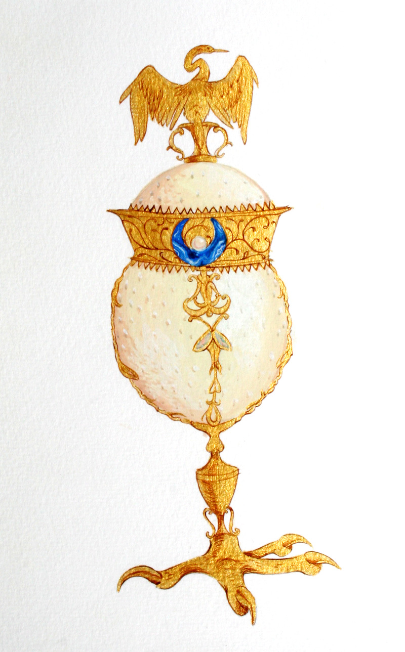 Nautilus Cup with Coral Base. gouache. 2013
Ostrich Egg with Lapis Crescent.  gouache. 2013