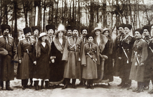 Kuban Cossacks pose with Nicholas II and his family. They were entrusted as a private guard.