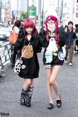 tokyo-fashion:  Colomo and Melochicon - both 19 - on the street in Harajuku wearing oversized sweatshirts, loafers, and lots of cute accessories. Their looks include items from Nesin Harajuku, Zzz…Tokyo, Spinns, Disney, Vivienne Westwood, Kirby, and