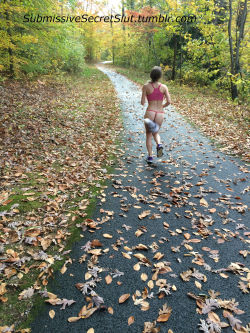 submissivesecretslut:    Anonymous dared:  “Go for a run in a park wearing only your tail for maximum points. Or a sports bra and a thong.” This time I decided to go a head and wear the thong and sports bra. ….maybe I’ll be doing this dare NUDE