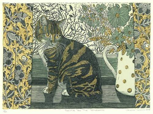 womansart:‘Tabitha On The Windowsill’ lino-cut by contemporary printmaker Vanessa Lubach