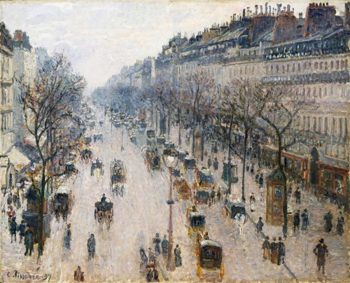 insipit:  Camille Pissarro (1830–1903, France)Boulevard Montmartre series  Pissarro was a Danish-French Impressionist and Neo-Impressionist painter. He studied from great forerunners, including Gustave Courbet and Jean-Baptiste-Camille Corot, then later