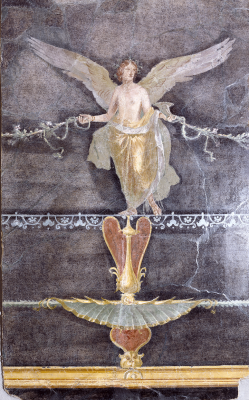 ganymedesrocks:  artemisdreaming:  UnknownWall  Fragment with Winged Female (Nike) on Black Ground, about 70, Fresco Object: H: 91 x W: 56 cm (35 13/16 x 22 1/16 in.) The J. Paul Getty Museum, Villa Collection, Malibu, California   Description from The