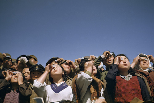 People watching a solar eclipse squint through smoked glass or film on Rebun Island in Japan, March 