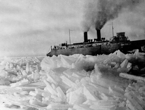 Grand Trunk car ferry crossing a frozen Lake Michigan, Milwaukee, Wisconsin, 1936-37. Photograph by 