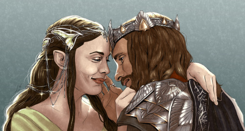 A digital drawing of the wedding of Arwen and Aragorn, after a reference from the movies. Arwen wears a green dress and a diadem of butterflies and moths, and she looks at Aragorn with a barely contained smile. Aragorn is crowned and wearing ceremonial armor, and he looks at Arwen with wonder. Their foreheads touch gently.