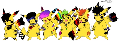 acidrocketchu: bunch of rebellious pikachus! gothchu, emochu, scenechu, ravechu/kandichu, punkchu, a