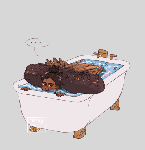 rennybu:a bath isn’t complete without essential oils, rose petals, and wings!!“you can’t keep doing 