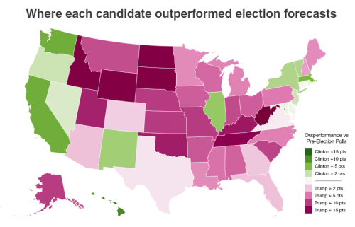 metrocosmblog:This map shows where the polls got it wrongPurple = Trump received more votes than exp