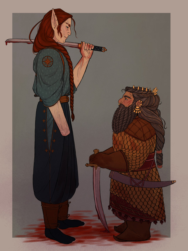 A drawing of Maedhros, a tall elf holding a bloody sword over his shoulder, looking down at Azaghâl, a dwarf holding a likewise bloody sword point down in front of him, and looking up at Maedhros.