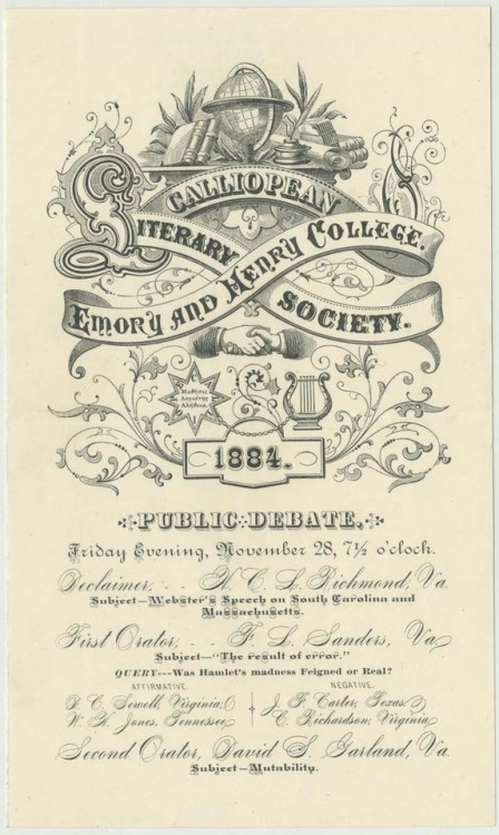Calliopean Literary Society, Emory and Henry College 1884 : public debate &hellip; Emory, Virgin