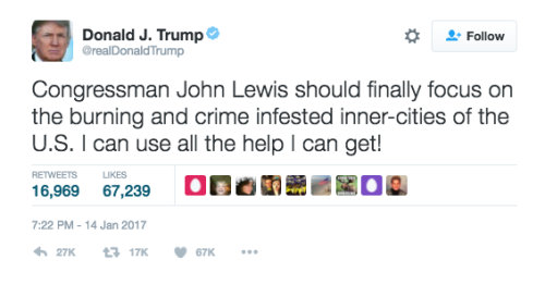 micdotcom:  Donald Trump won’t visit African-American Museum after feud with civil rights hero, John Lewis. Following a nasty, racially-tinged feud with civil rights hero Congressman John Lewis over the state of his “horrible” district and “burning
