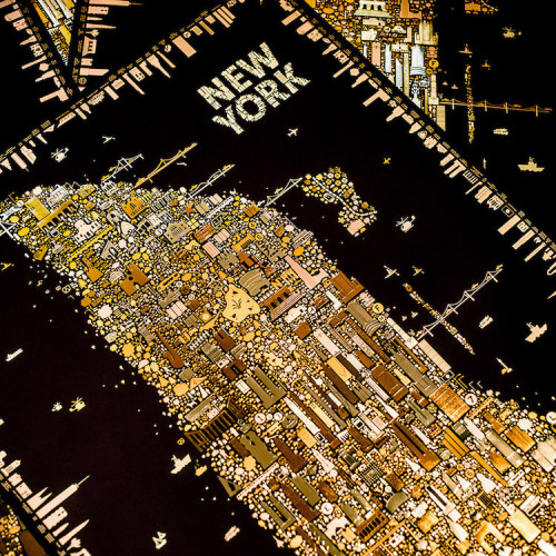 itscolossal:A Stunning Gold Foil Rendering of New York Icons Inspired by Klimt