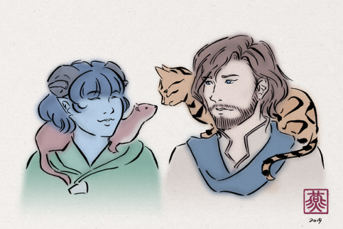 sevenredrobes:sketch-bird:animal handling iv (21.07.2019)[ID: A drawing of Jester and Caleb from th