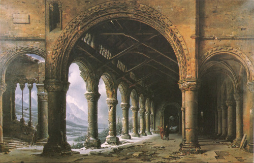 Louis Daguerre - The Effect of Fog and Snow Seen through a Ruined Gothic Colonnade (1826)