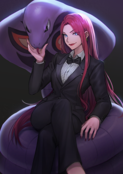 evilwitchemoji:  rarts:  Beautiful  Musashi and Arbok: Pokemon anime fanart   [Artist: Apple brk]  Omg I’ve always loved seeing Jesse with her hair down AND shes in a suit?! ugh I love it!