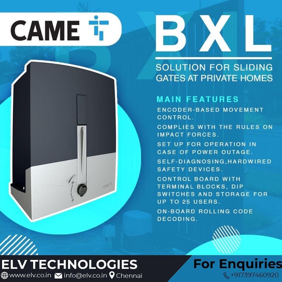 CAME Sliding gate operator available in Chennai.
Solution for sliding gates at private homes
A single version, with encoder-based control, for gates weighing 400 kg and measuring up to 10 m.
Safety is ensured by the encoder’s movement control...