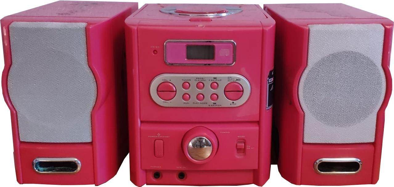 A cutout of a bright pink non-portable CD player