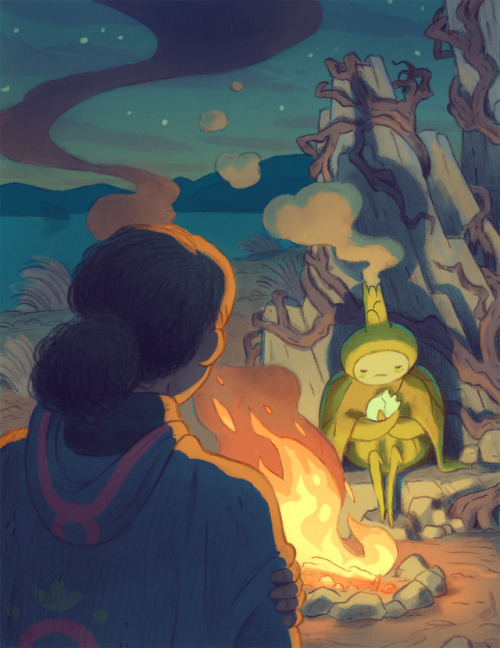 The duo stops for the night to make a campfire by the coast~