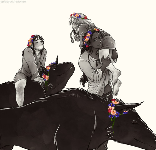 apfelgranate:   The flower crowns were Kíli’s idea. To put one on Freki while she’s sleeping, however, was Fíli’s. So the ‘carrying him off like war loot’ is really just a protective measure on Tauriel’s part.  someone on the internet said