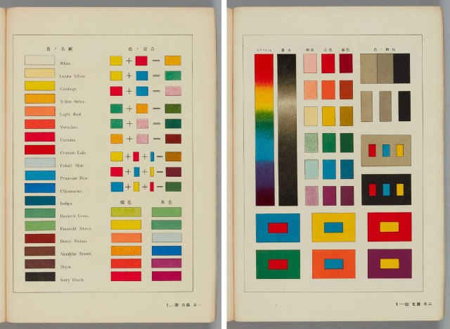 Two pages from vintage Japanese textbooks showing color combinations.