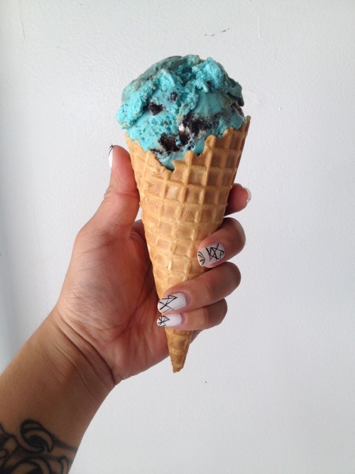 Cookie monster ice cream on a waffle cone from AFTERS!